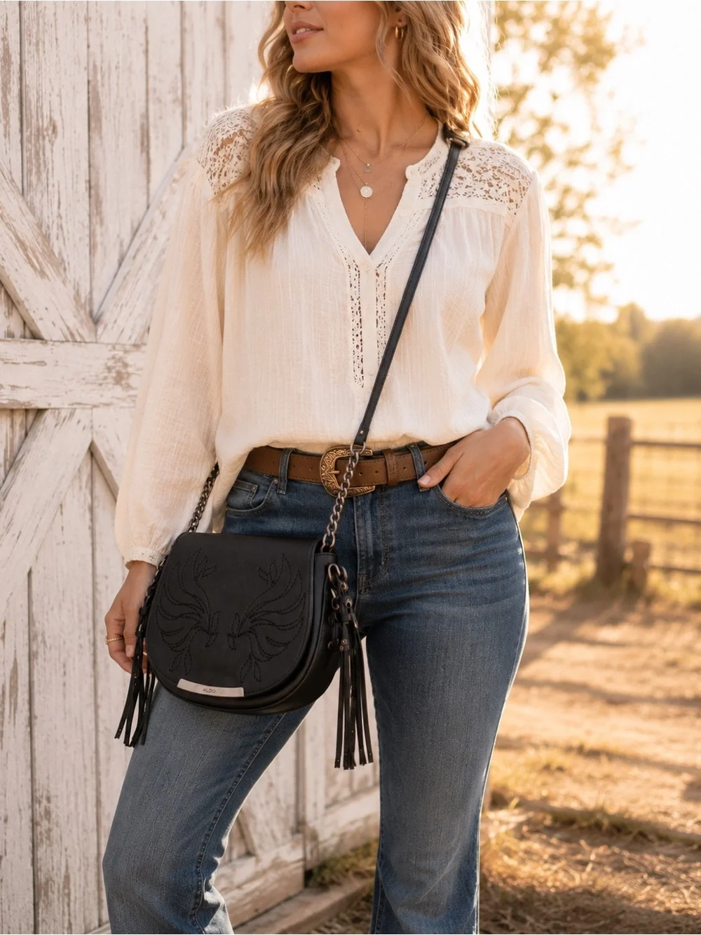 Aldo Black Western Boho Crossbody Saddle Bag | Embroidered Tassel Chain Purse